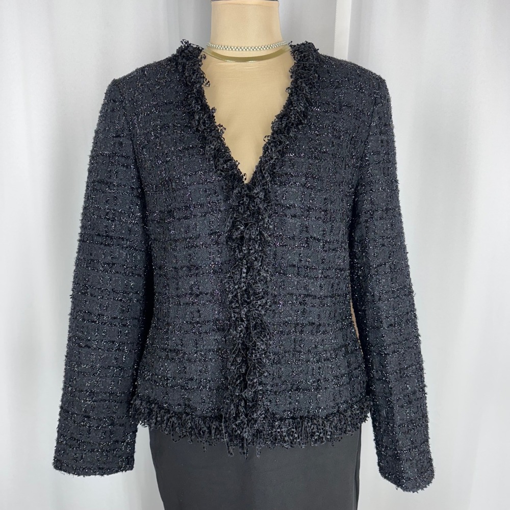 Worth Black Tweed Blazer Jacket Fringe Trim Wool Metallic Shimmer Size 12